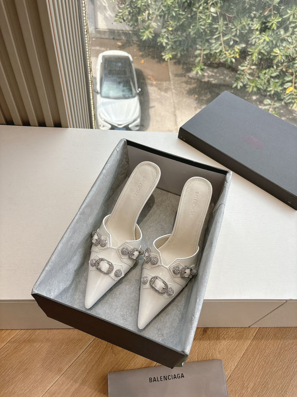CRYSTAL BUCKLE WHITE CALFSKIN HEELED MULES