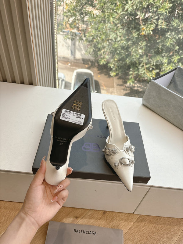 CRYSTAL BUCKLE WHITE CALFSKIN HEELED MULES