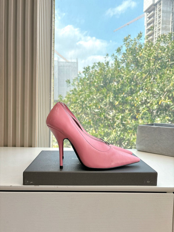 ZIPPER POINTED-TOE HIGH PUMPS IN BUBBLEGUM PINK SHINY LAMBSKIN
