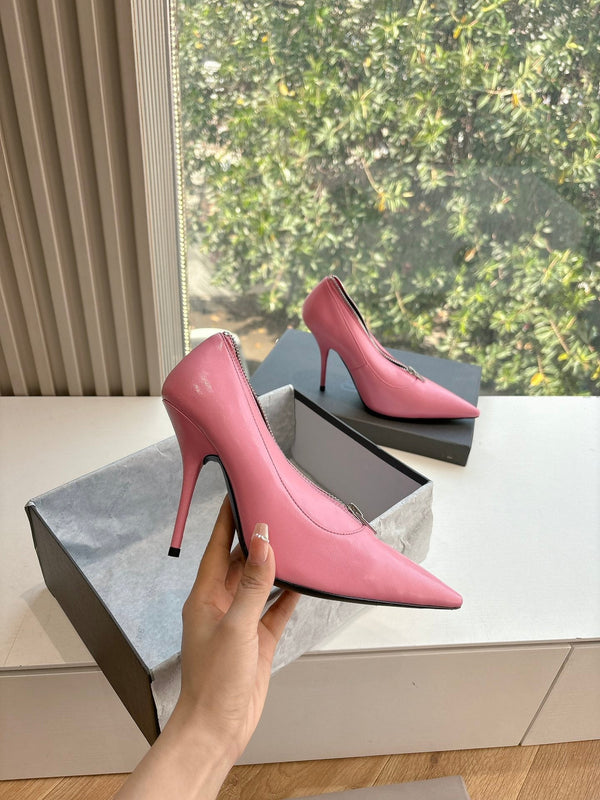 ZIPPER POINTED-TOE HIGH PUMPS IN BUBBLEGUM PINK SHINY LAMBSKIN