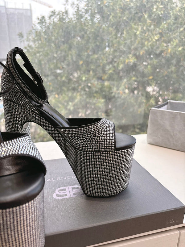 PLATFORM ANKLE STRAP HEELS IN BLACK ATTACHED RHINESTONES CALFSKIN