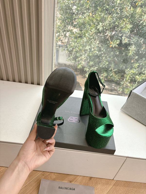 PLATFORM ANKLE STRAP HEELS IN GREEN METALLIC ATTACHED RHINESTONES CALFSKIN