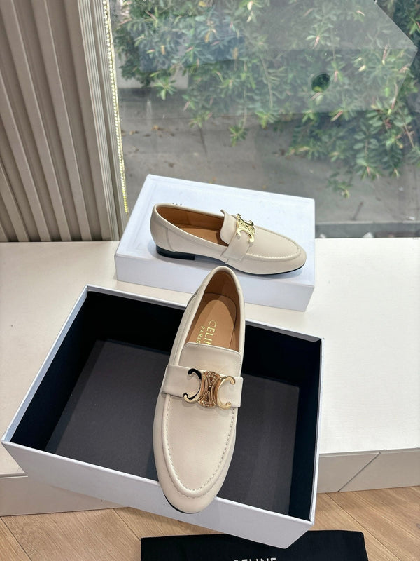 CELINE Buckle Triomphe Loafers White Leather 285957
