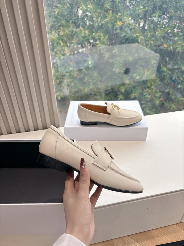 CELINE Buckle Triomphe Loafers White Leather 285957