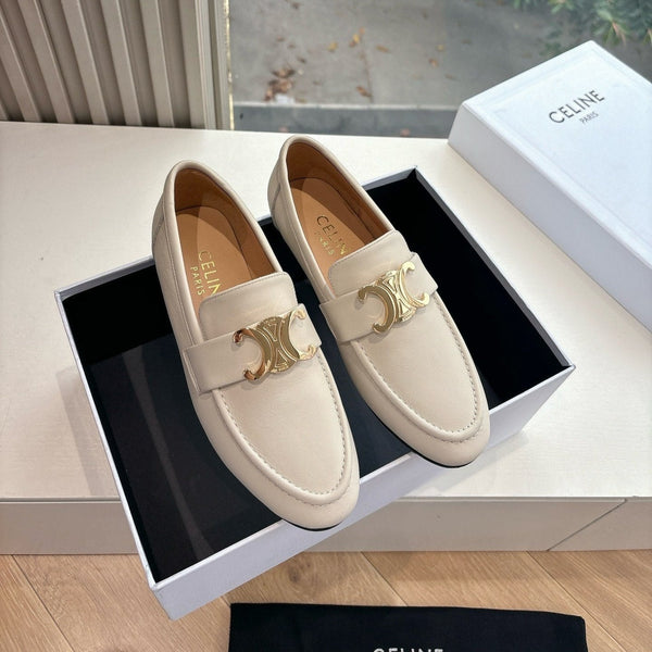 CELINE Buckle Triomphe Loafers White Leather 285957