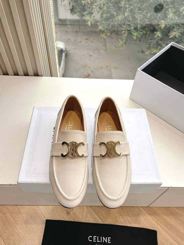 CELINE Buckle Triomphe Loafers White Leather 285957