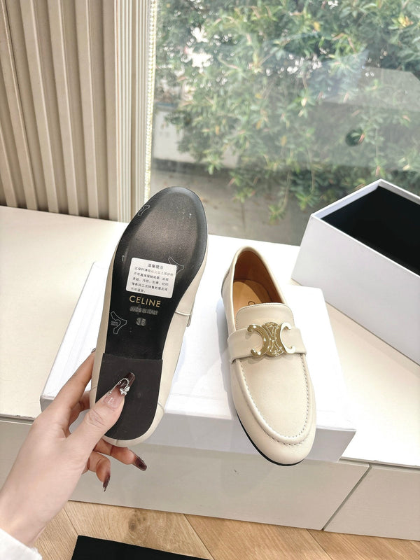 CELINE Buckle Triomphe Loafers White Leather 285957