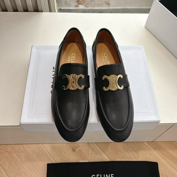 CELINE Buckle Triomphe Loafers Black Leather 285958