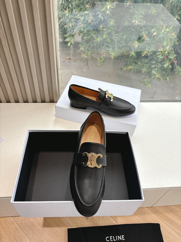 CELINE Buckle Triomphe Loafers Black Leather