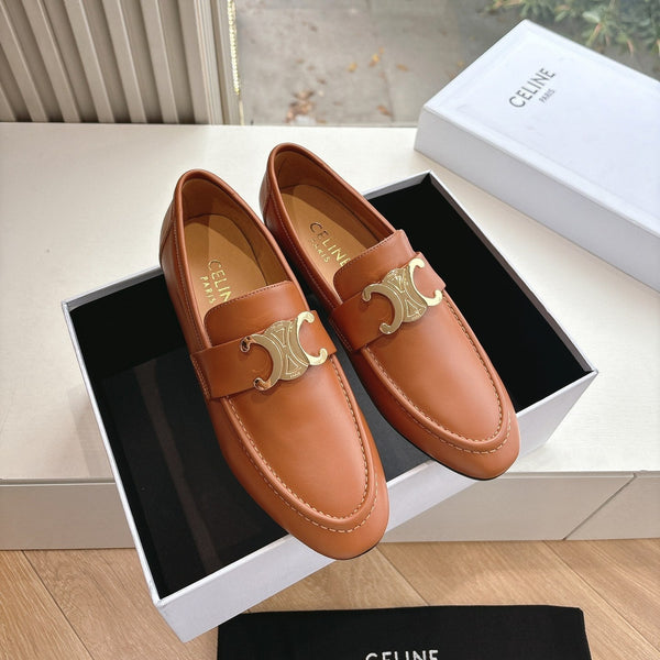 CELINE Buckle Triomphe Loafers Golden Leather