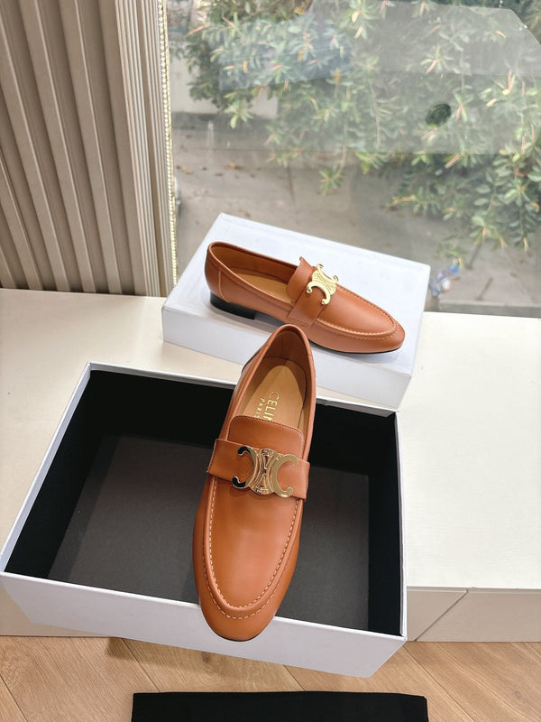 CELINE Buckle Triomphe Loafers Golden Leather