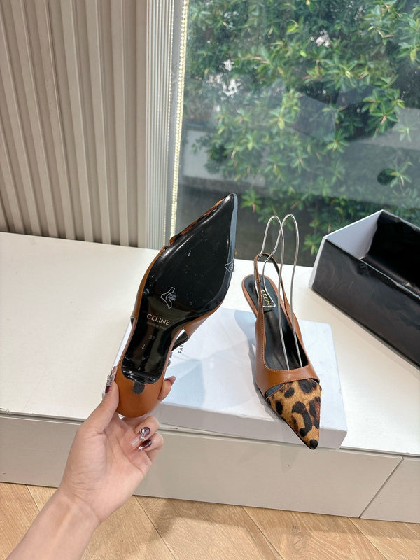 CELINE Slingback Leopard in pelle marrone 285984