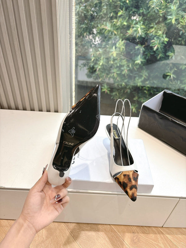 CELINE Slingback Leopard White Leather 285985