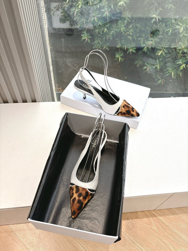 CELINE Slingback Leopard White Leather 285985