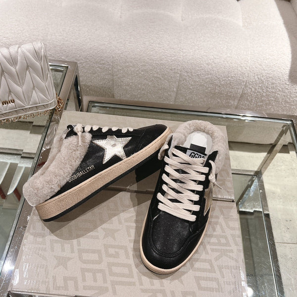 SUPER-STAR SABOTS IN BLACK SHINY CALFSKIN SILVER STAR