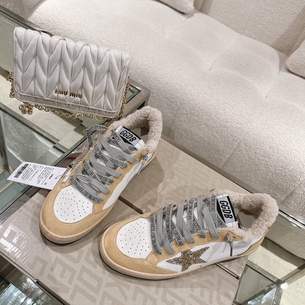 BALL STAR SNEAKERS WITH GLITTER STAR IN WHITE CALFSKIN AND BROWN SUEDE