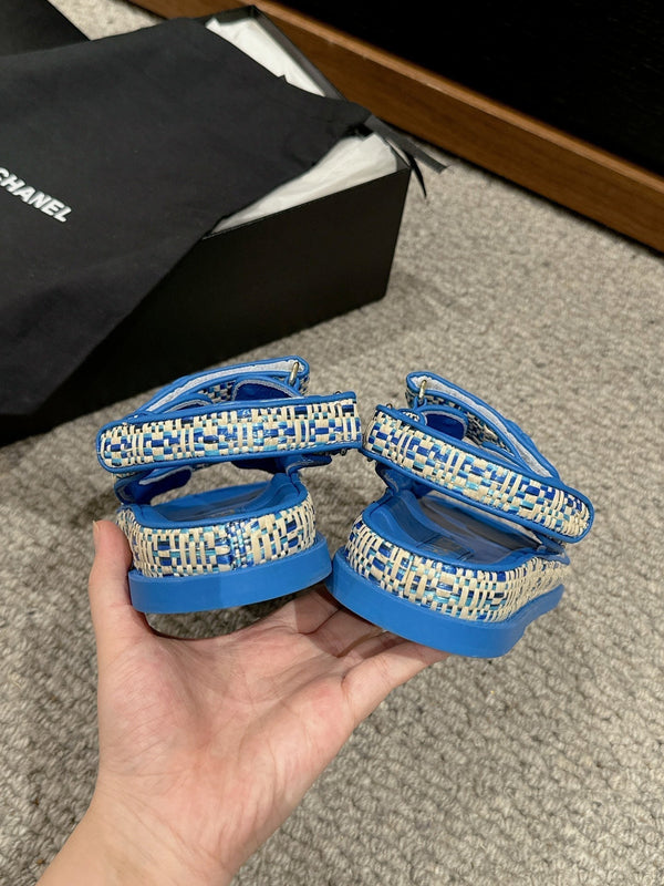 dad sandal mule beige raffia blue calfskin