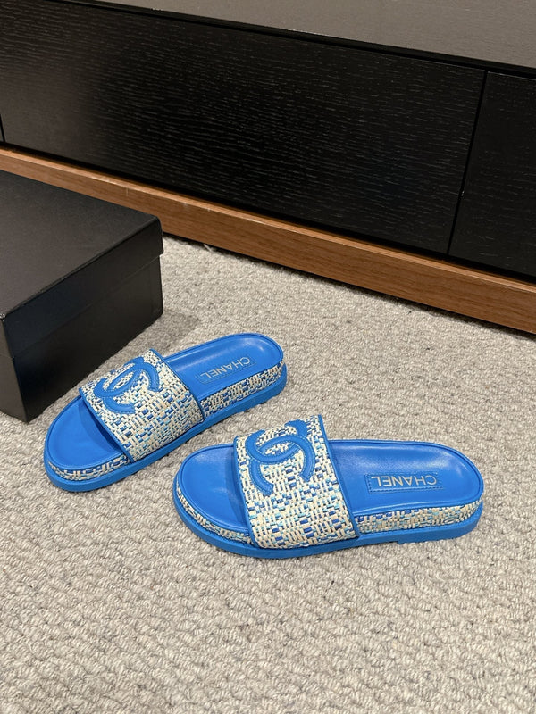 dad sandal mule beige raffia blue calfskin