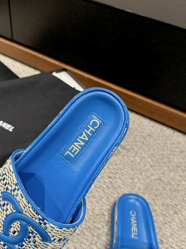 dad sandal mule beige raffia blue calfskin