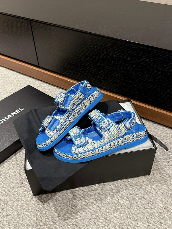 dad sandal mule beige raffia blue calfskin