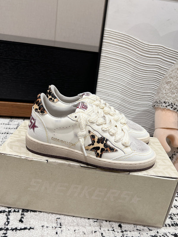 BALL STAR SNEAKERS WHITE CALFSKIN WITH LEOPARD STAR AND HEEL LAB