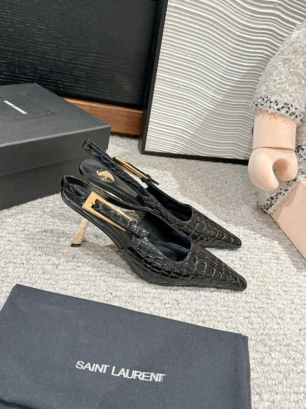 LEE SLINGBACK MID PUMPS IN BLACK CROCODILE SHINY CALFSKIN