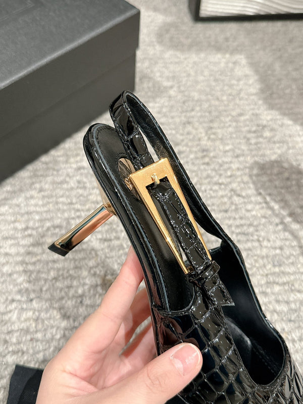 LEE SLINGBACK MID PUMPS IN BLACK CROCODILE SHINY CALFSKIN