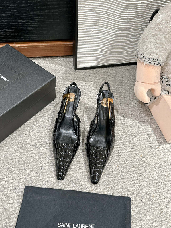 LEE SLINGBACK MID PUMPS IN BLACK CROCODILE SHINY CALFSKIN