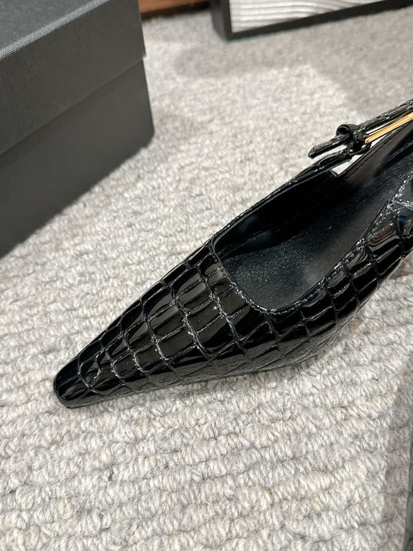 LEE SLINGBACK MID PUMPS IN BLACK CROCODILE SHINY CALFSKIN