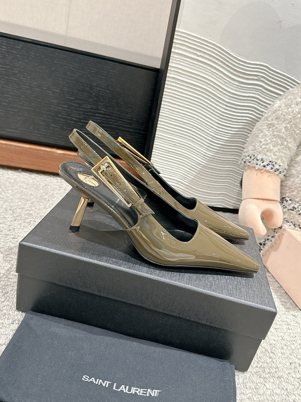 LEE SLINGBACK MID PUMPS IN ARMY GREEN SHINY CALFSKIN