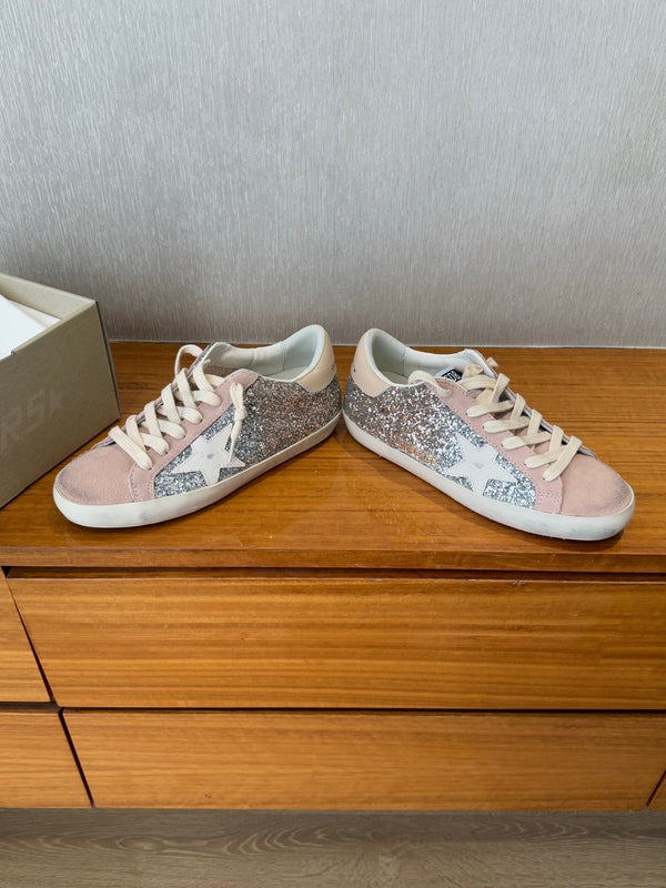 BALL STAR SNEAKERS WHITE CALFSKIN STAR PINK SUEDE SILVER GLITTER UPPER