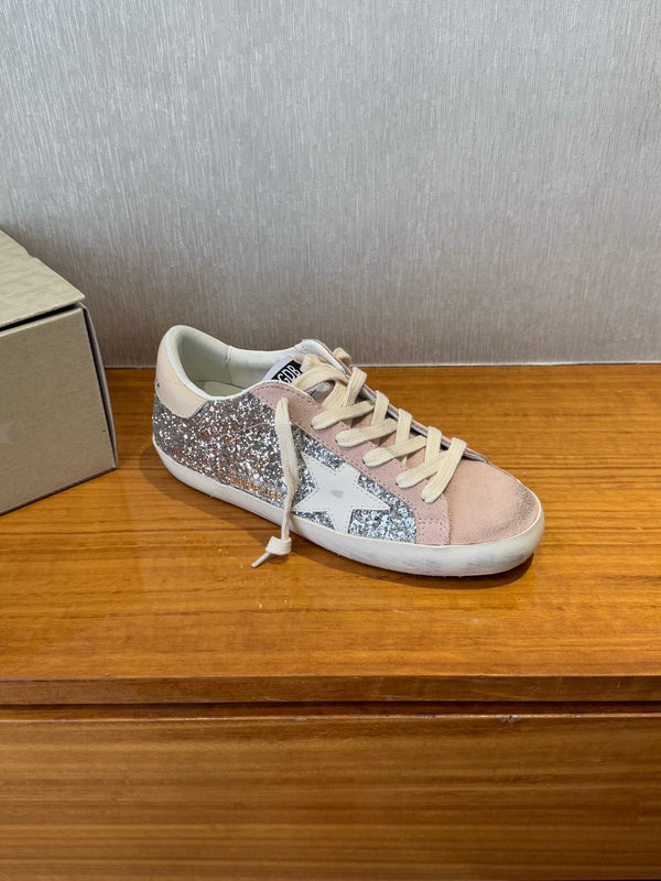 BALL STAR SNEAKERS WHITE CALFSKIN STAR PINK SUEDE SILVER GLITTER UPPER