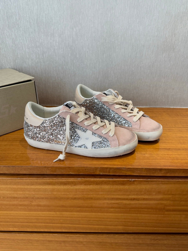 BALL STAR SNEAKERS WHITE CALFSKIN STAR PINK SUEDE SILVER GLITTER UPPER