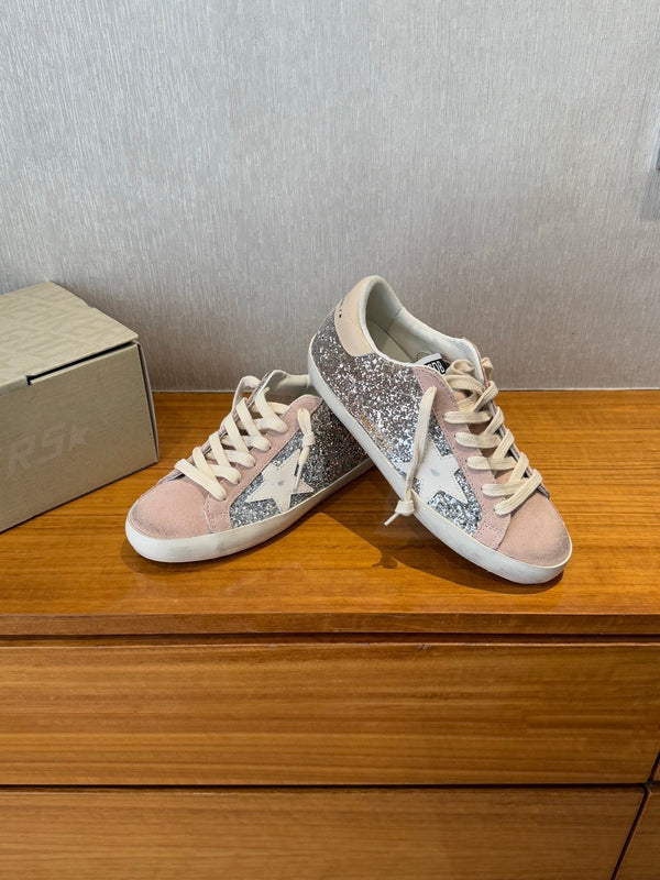 BALL STAR SNEAKERS WHITE CALFSKIN STAR PINK SUEDE SILVER GLITTER UPPER