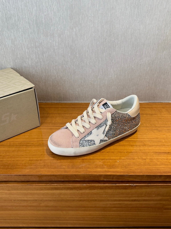 BALL STAR SNEAKERS WHITE CALFSKIN STAR PINK SUEDE SILVER GLITTER UPPER