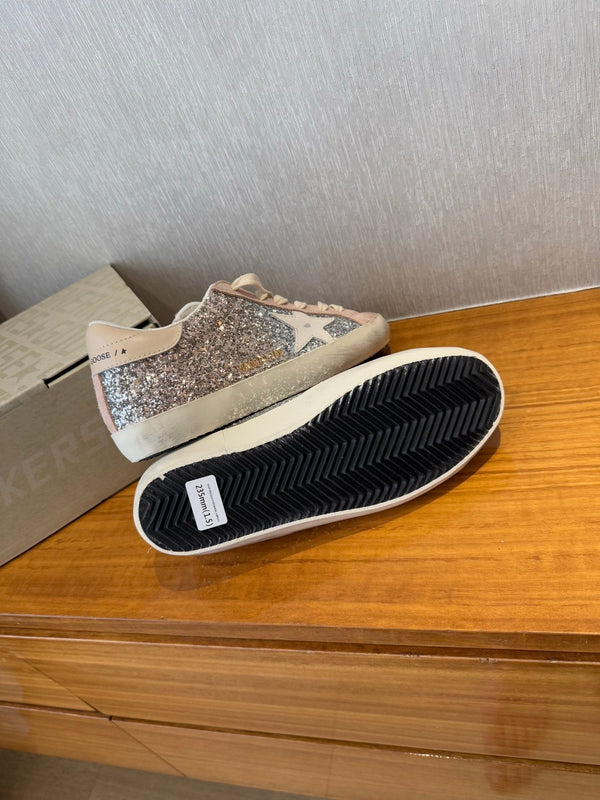 BALL STAR SNEAKERS WHITE CALFSKIN STAR PINK SUEDE SILVER GLITTER UPPER