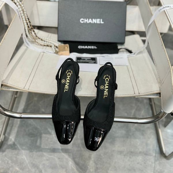 slingbacks flat black tweed black patent calfskin