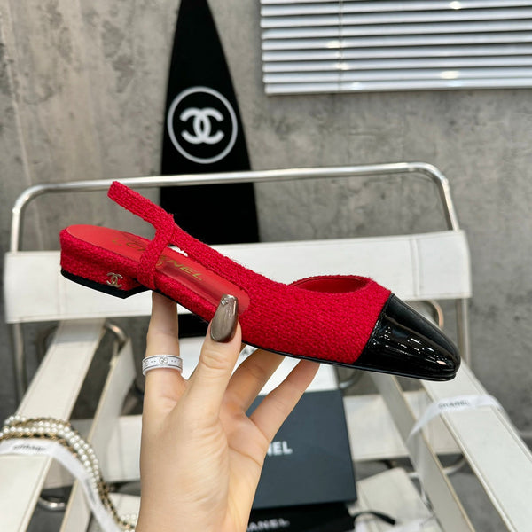 slingback piatte in tweed rosso e pelle di vitello verniciata nera