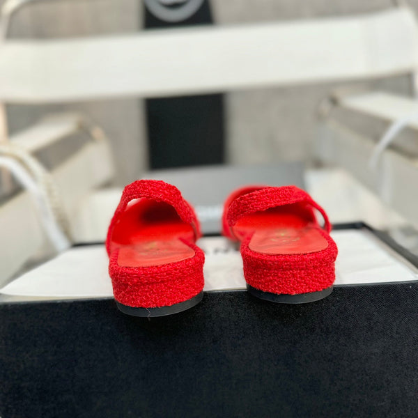 slingback piatte in tweed rosso e pelle di vitello verniciata nera