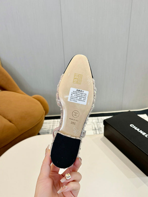 cc 25c slingback flat pink white tweed black grosgrain 233607