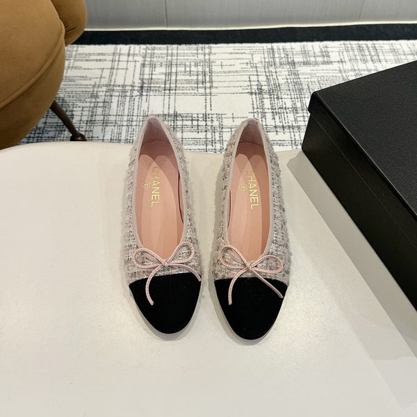 cc 25c ballet flat pink white tweed black grosgrain 233622