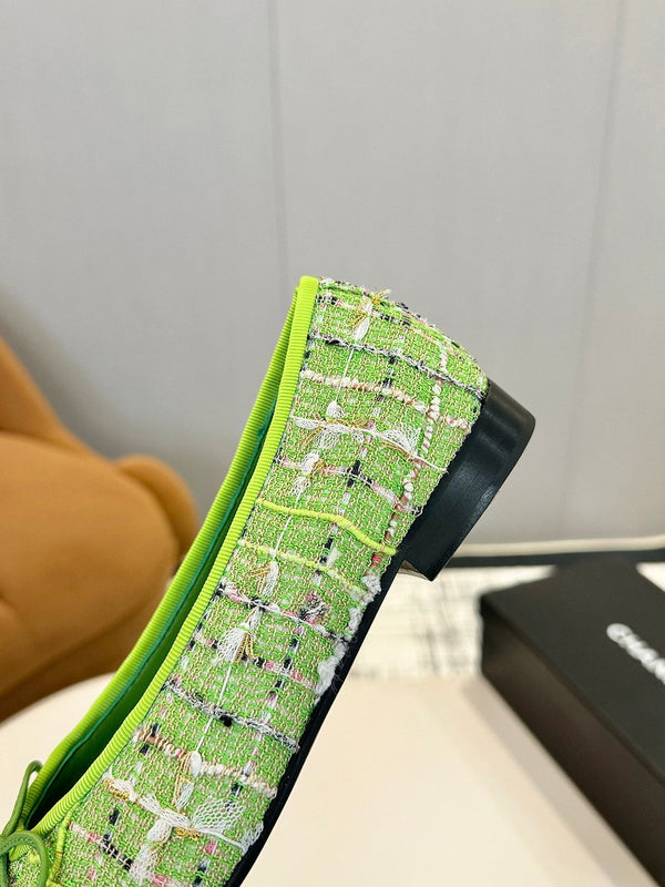 cc 25c ballet flat green tweed black grosgrain 233627