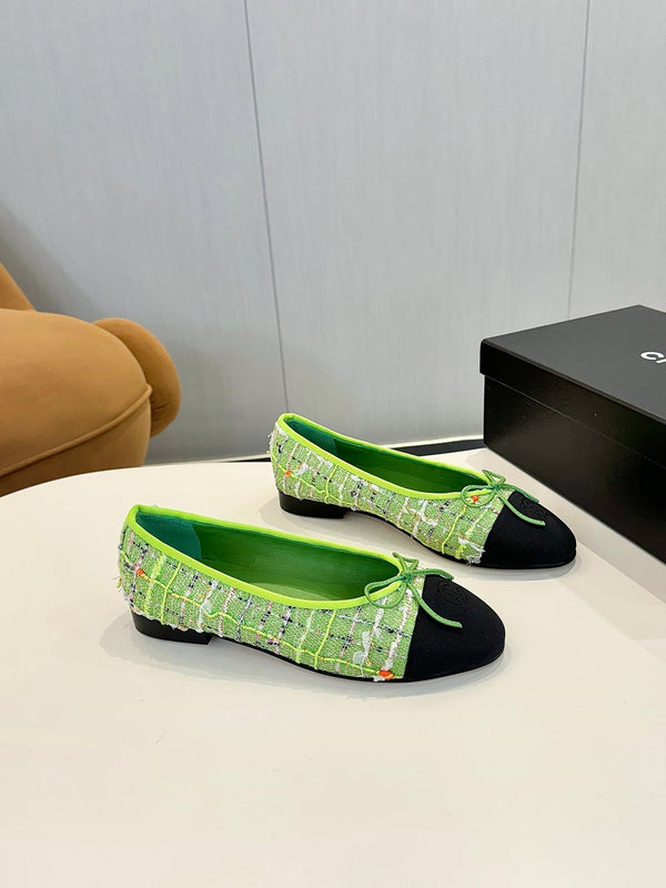 cc 25c ballet flat green tweed black grosgrain 233627
