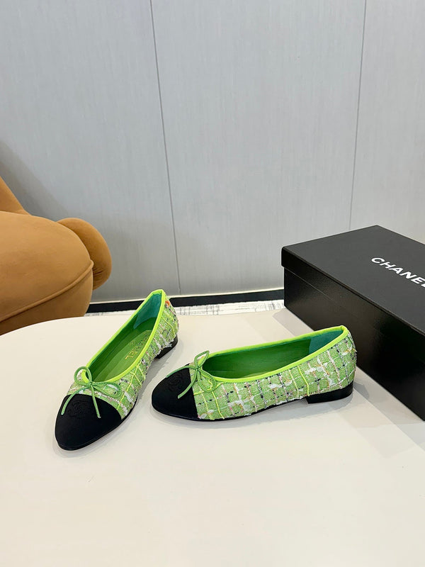 cc 25c ballet flat green tweed black grosgrain 233627