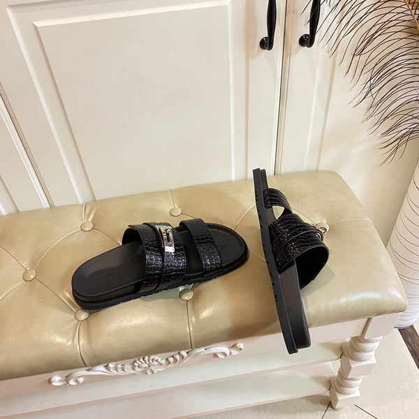 HM Jackson Sandal Black Embossed Pattern Cowhide 958028