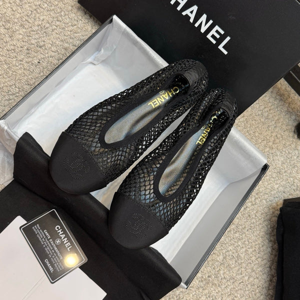 CC 25C Ballerina in tessuto a rete nero grosgrain