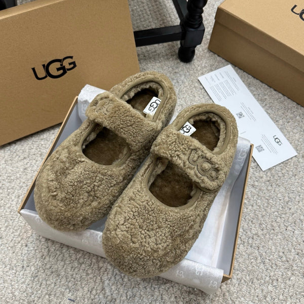 UGG Logo Mary Jane Flat Khaki Brown Wool 523101