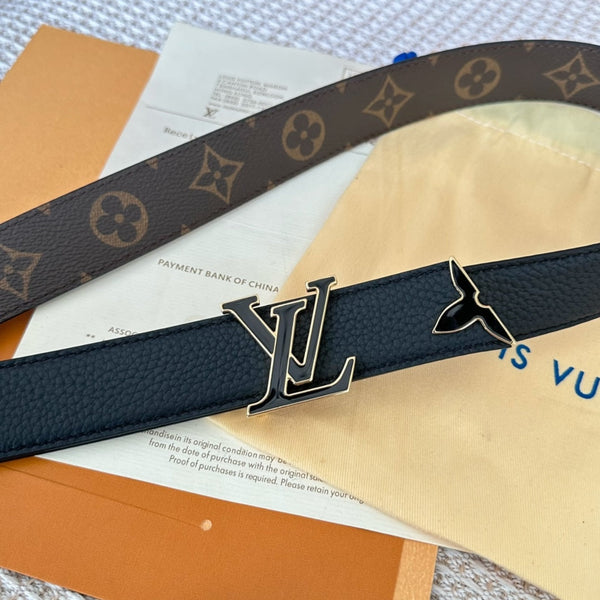 Pretty LV 30mm Reversible Belt Black Gold Buckle Black Brown Leather