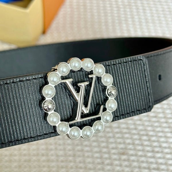 LV CIRCLE PEARL 35MM REVERSIBLE BELT IN BLACK CALFSKIN SILVER HARDWARE