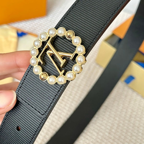 LV CIRCLE PEARL 35MM REVERSIBLE BELT IN BLACK CALFSKIN GOLD HARDWARE